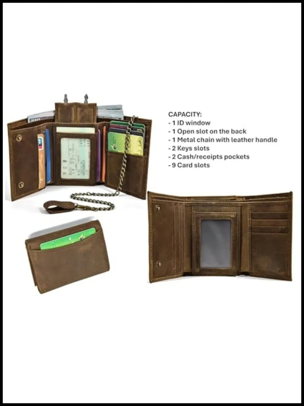 Genuine Leather Trifold Wallet with Metal Chain for Men - RFID Blocking Card